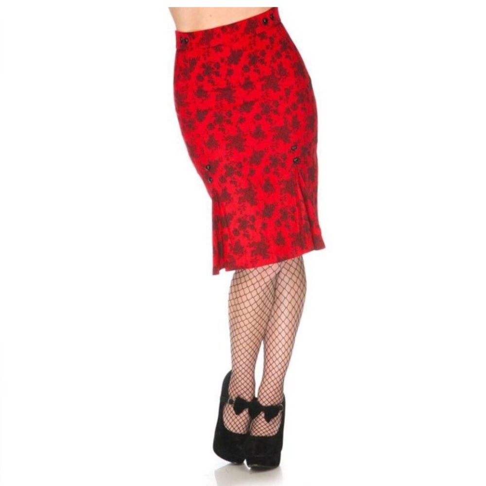 Voodoo Vixen Stretch Rose Print Red Pencil Wiggle Skirt Heart Buttons Pleats